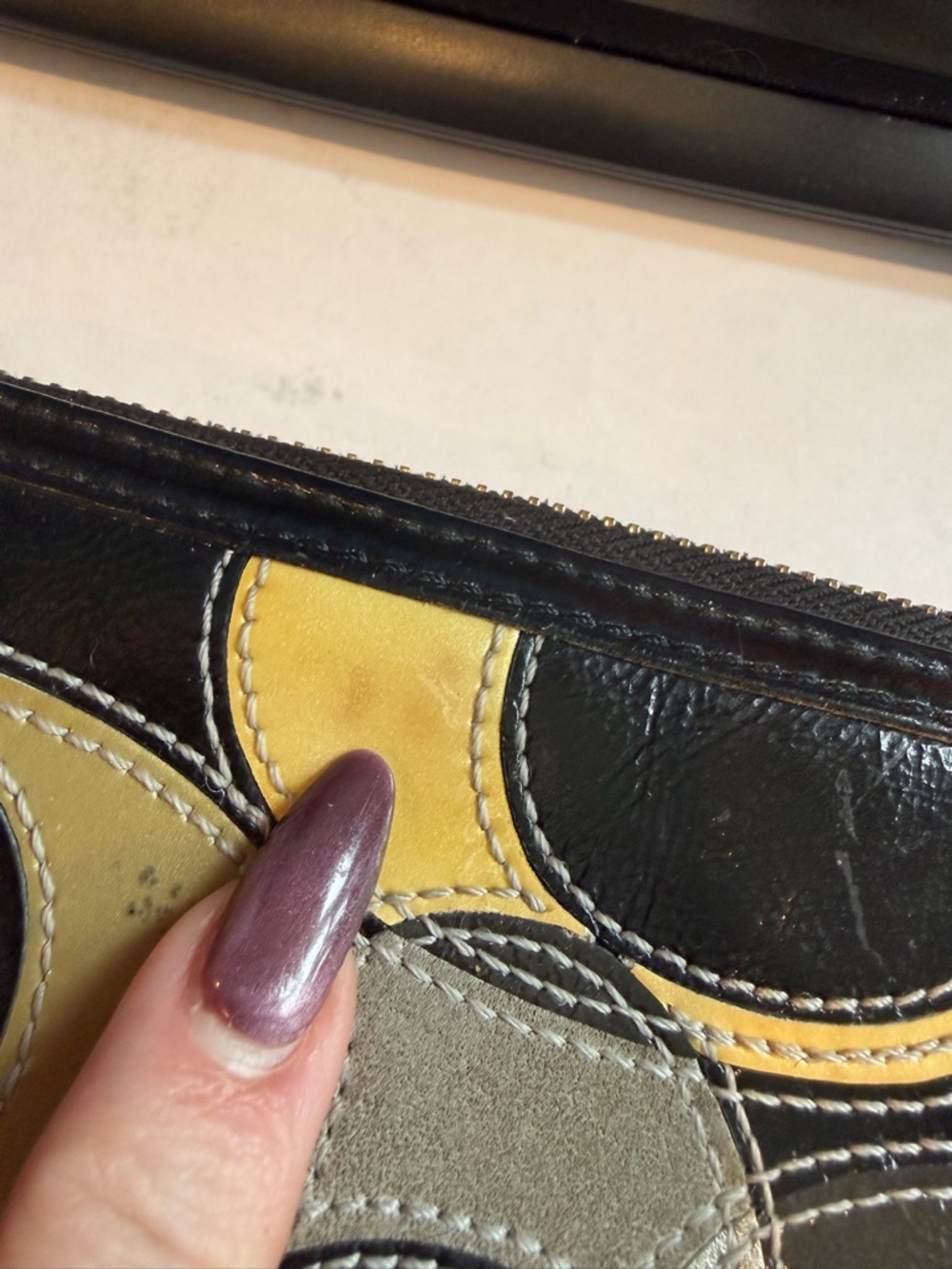 Coach Signature Patchwork Leather Zip Around Wallet Black Gold Gray Wallet - Picture 9 of 9